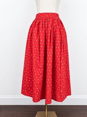 Vintage 70s Handmade Red Floral Prairie Midi Skirt Small Cottagecore Feminine